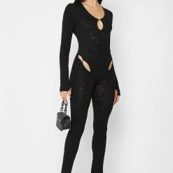 Woman Jumpsuits JUMPSUITS & PLAYSUITS Distressed Knitted Cut Out Jumpsuit - Black