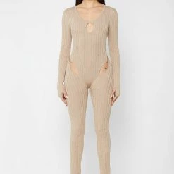 Woman Jumpsuits Distressed Knitted Cut Out Jumpsuit - Taupe JUMPSUITS & PLAYSUITS