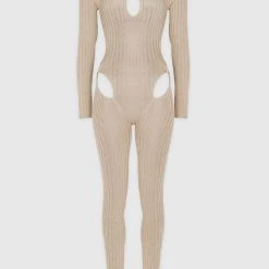 Woman Jumpsuits Distressed Knitted Cut Out Jumpsuit - Taupe JUMPSUITS & PLAYSUITS