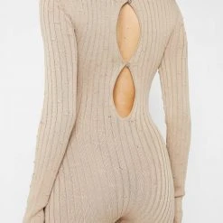 Woman Jumpsuits Distressed Knitted Cut Out Jumpsuit - Taupe JUMPSUITS & PLAYSUITS