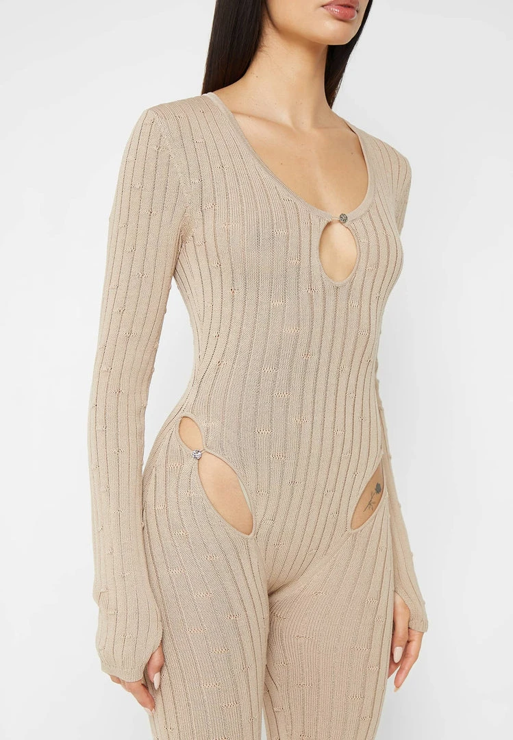 Woman Jumpsuits Distressed Knitted Cut Out Jumpsuit - Taupe JUMPSUITS & PLAYSUITS