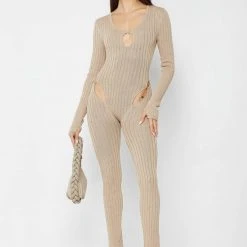 Woman Jumpsuits Distressed Knitted Cut Out Jumpsuit - Taupe JUMPSUITS & PLAYSUITS