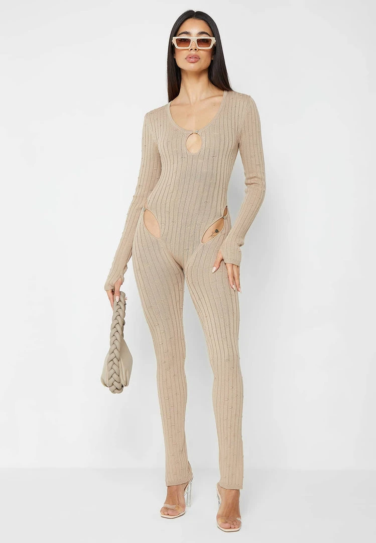 Woman Jumpsuits Distressed Knitted Cut Out Jumpsuit - Taupe JUMPSUITS & PLAYSUITS