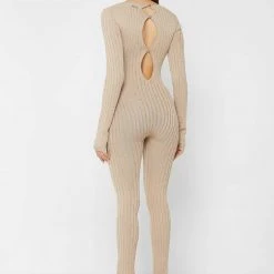 Woman Jumpsuits Distressed Knitted Cut Out Jumpsuit - Taupe JUMPSUITS & PLAYSUITS