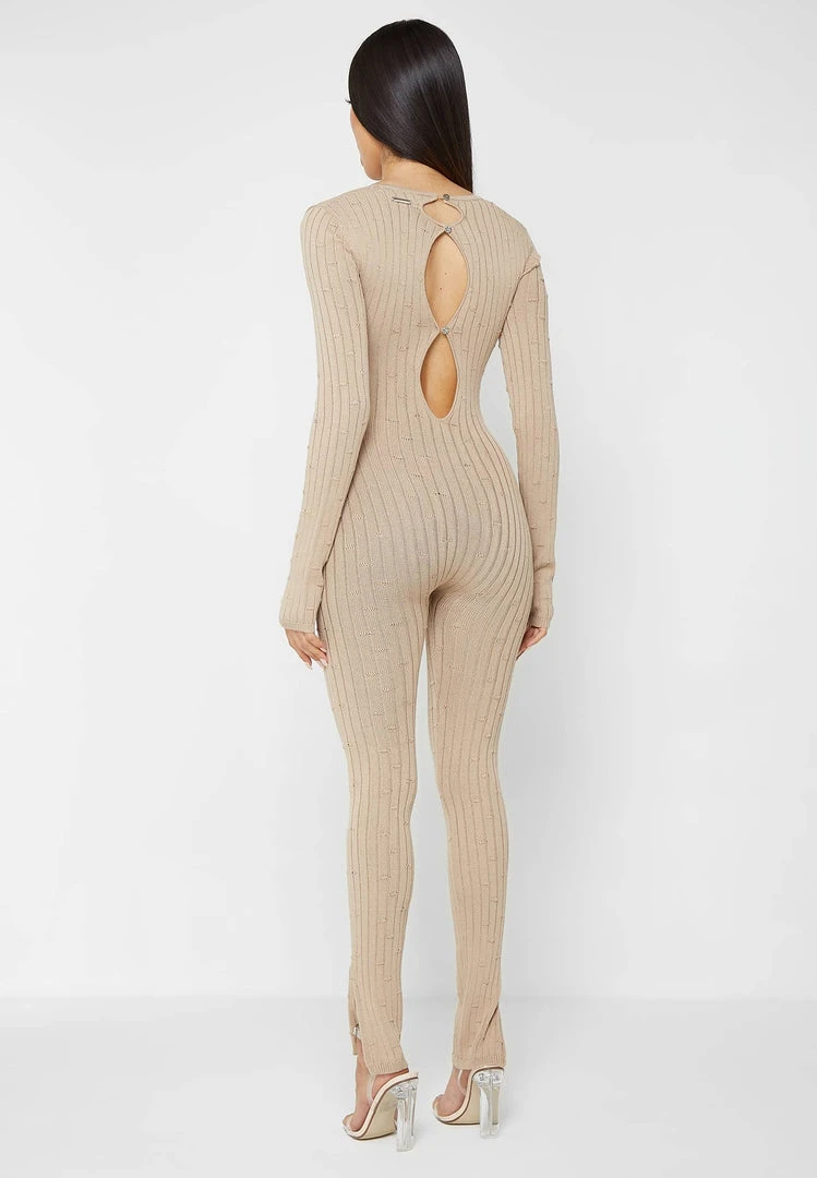 Woman Jumpsuits Distressed Knitted Cut Out Jumpsuit - Taupe JUMPSUITS & PLAYSUITS