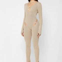 Woman Jumpsuits Distressed Knitted Cut Out Jumpsuit - Taupe JUMPSUITS & PLAYSUITS