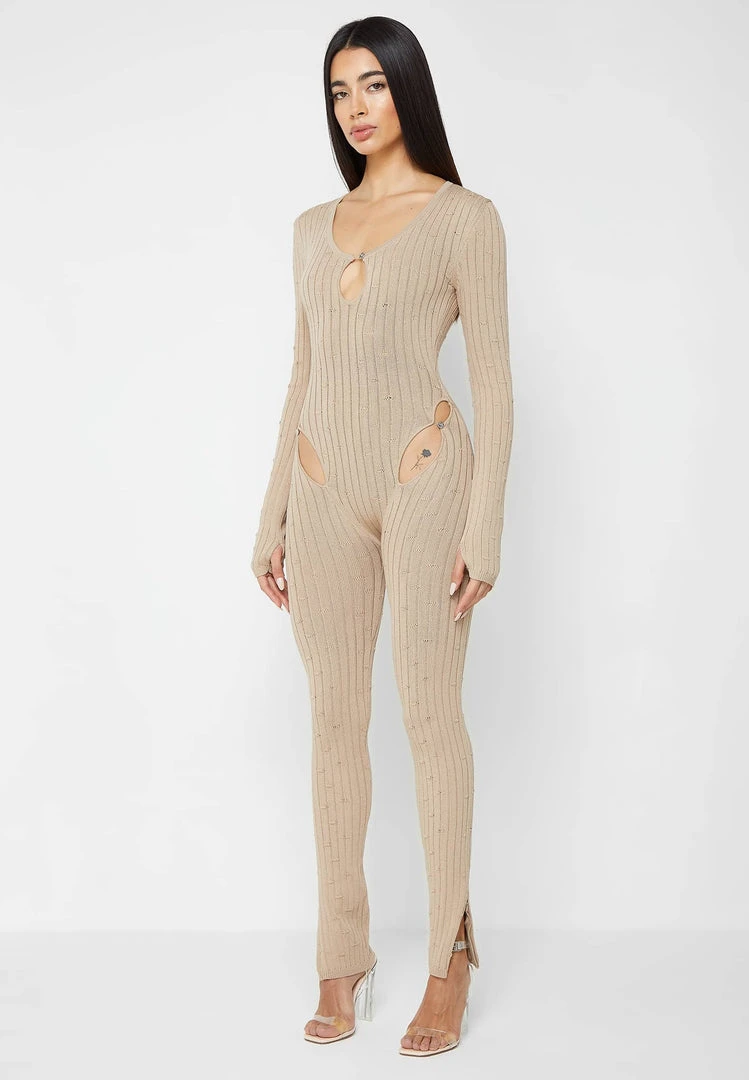 Woman Jumpsuits Distressed Knitted Cut Out Jumpsuit - Taupe JUMPSUITS & PLAYSUITS