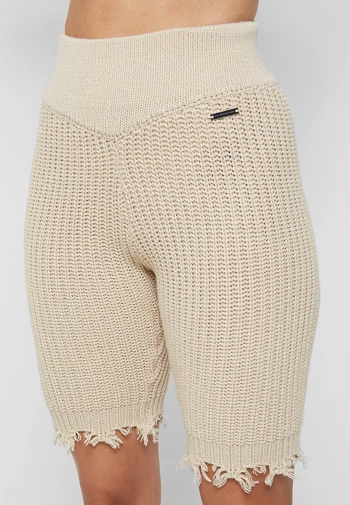 Woman Shorts Distressed Knitted Cycling Shorts - Beige