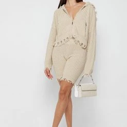 Woman Shorts Distressed Knitted Cycling Shorts - Beige
