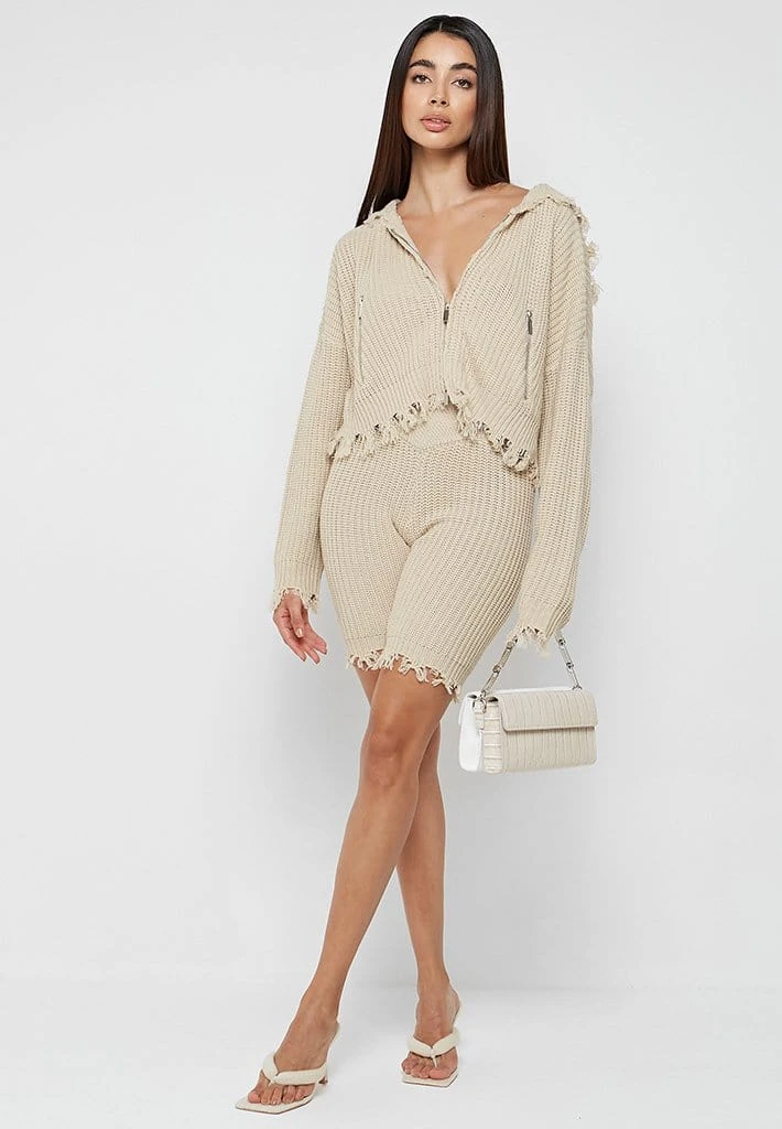 Woman Shorts Distressed Knitted Cycling Shorts - Beige