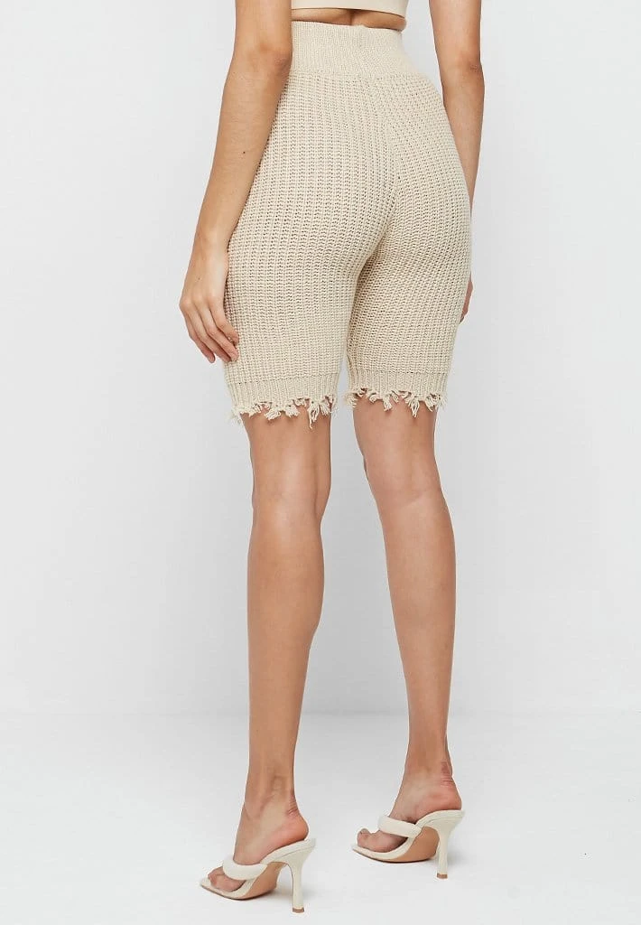 Woman Shorts Distressed Knitted Cycling Shorts - Beige