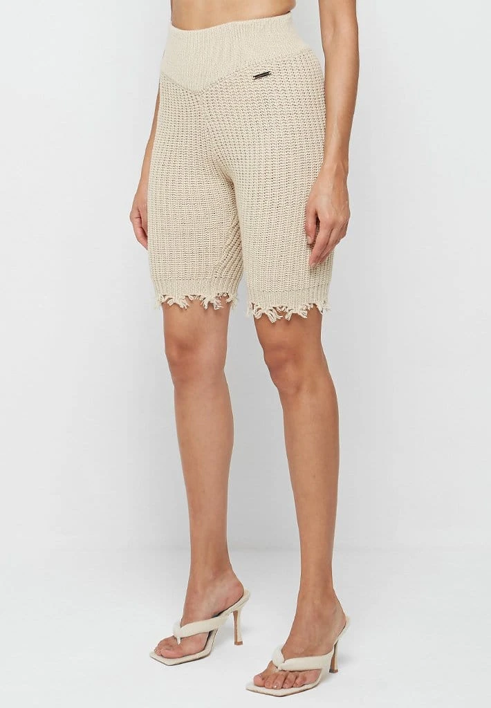 Woman Shorts Distressed Knitted Cycling Shorts - Beige