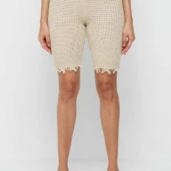 Woman Shorts Distressed Knitted Cycling Shorts - Beige