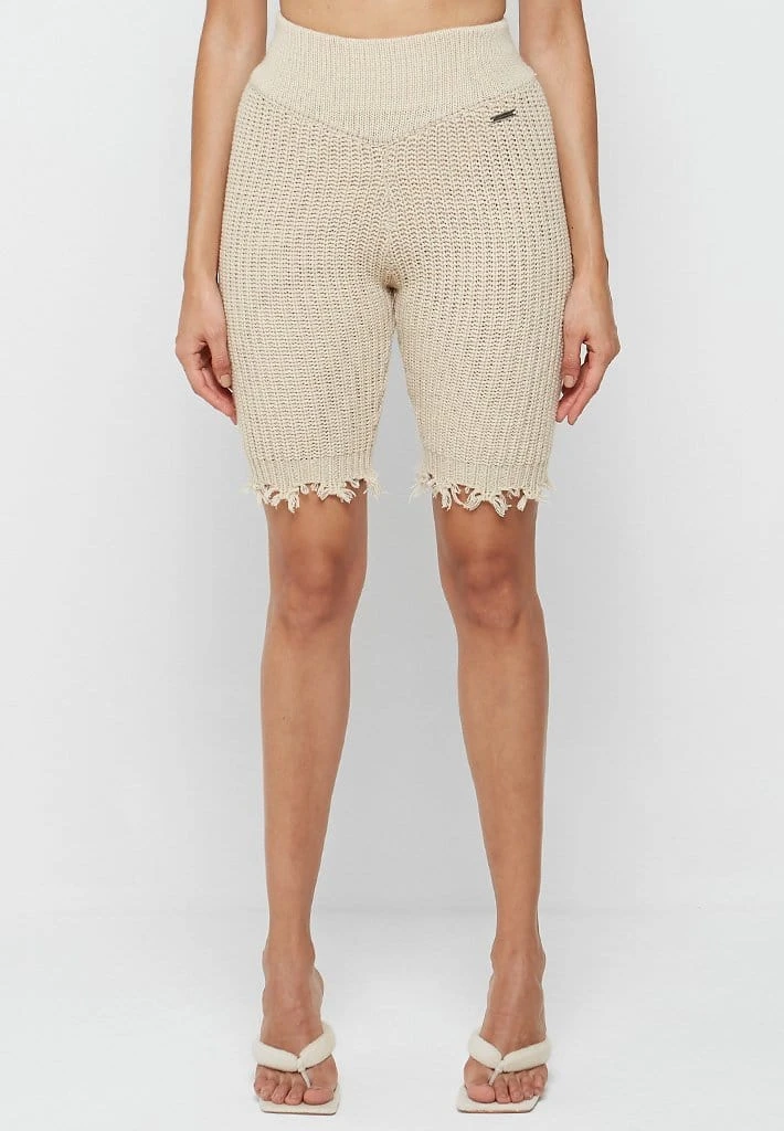 Woman Shorts Distressed Knitted Cycling Shorts - Beige