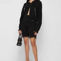 Woman Shorts CO-ORDS Distressed Knitted Cycling Shorts - Black