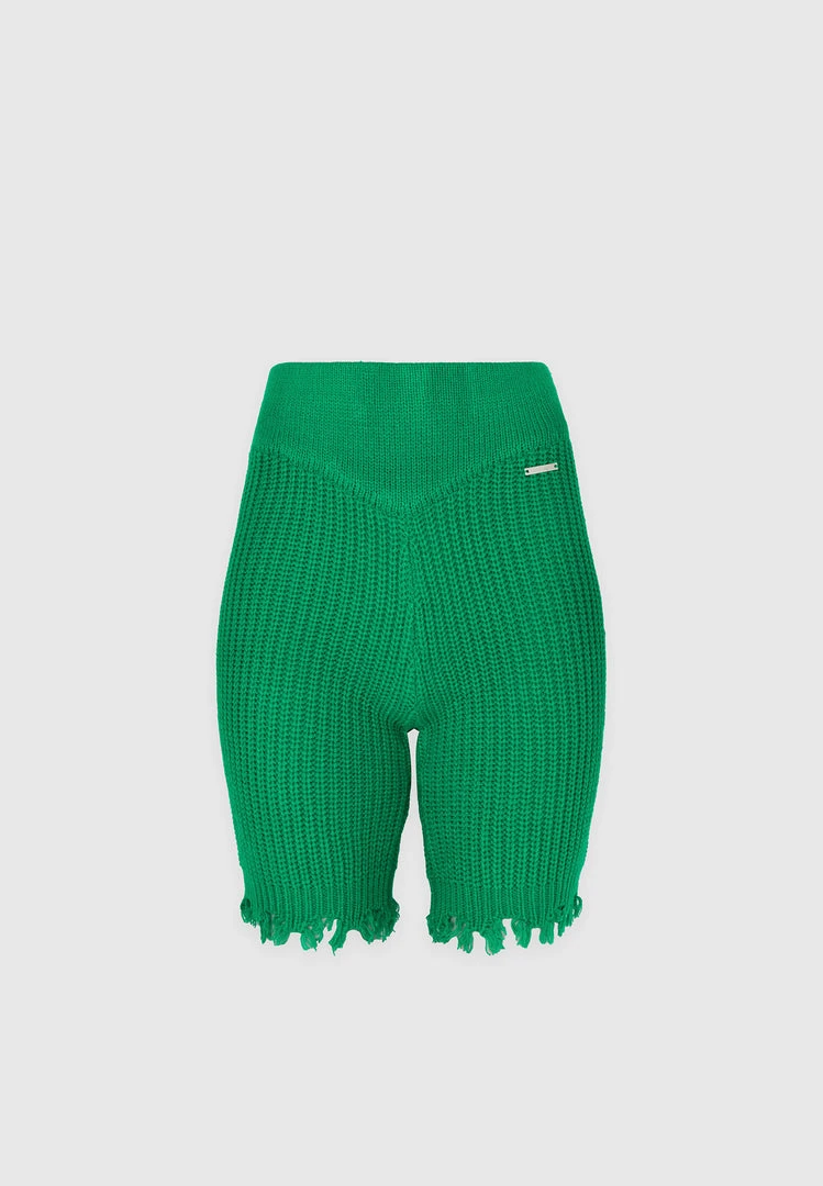 Woman Shorts Distressed Knitted Cycling Shorts - Green CO-ORDS