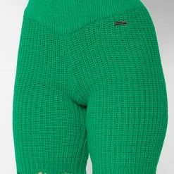 Woman Shorts Distressed Knitted Cycling Shorts - Green CO-ORDS