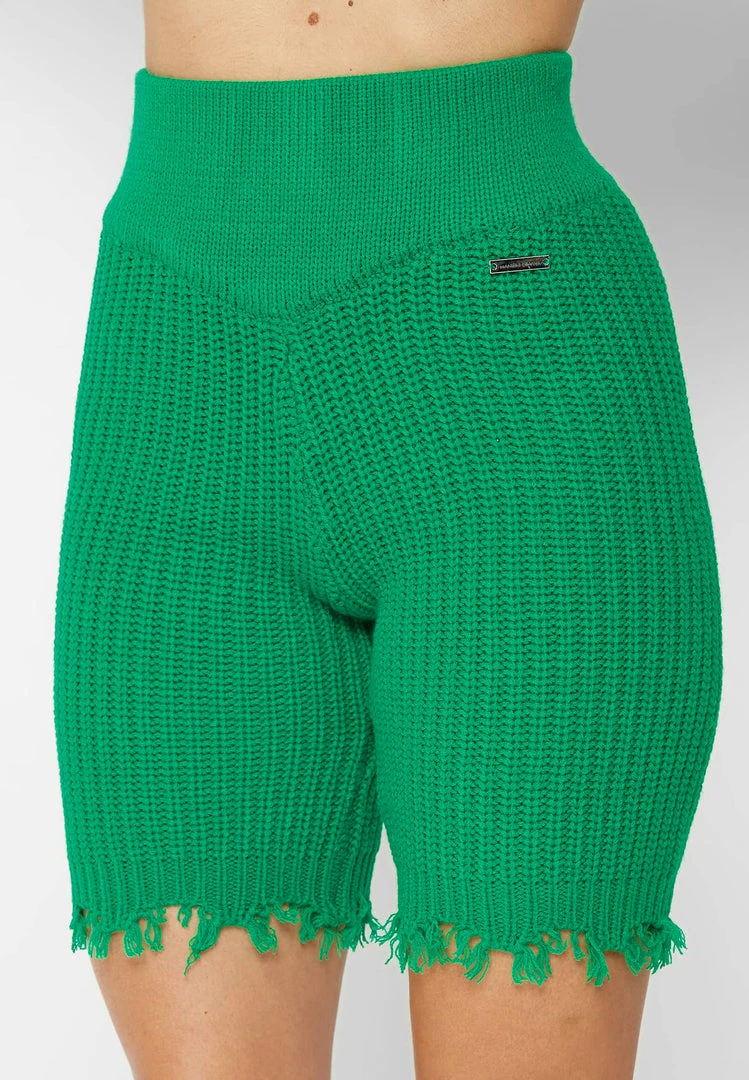 Woman Shorts Distressed Knitted Cycling Shorts - Green CO-ORDS