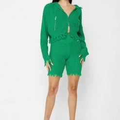 Woman Shorts Distressed Knitted Cycling Shorts - Green CO-ORDS