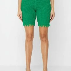 Woman Shorts Distressed Knitted Cycling Shorts - Green CO-ORDS