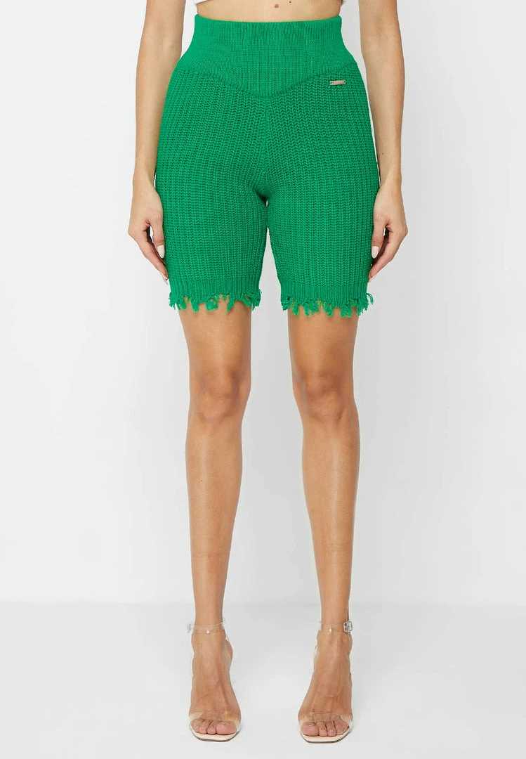 Woman Shorts Distressed Knitted Cycling Shorts - Green CO-ORDS