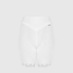 Woman Shorts Distressed Knitted Cycling Shorts - White