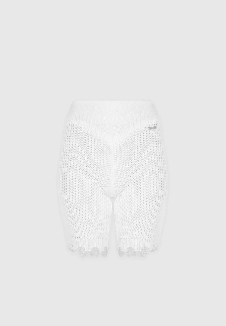Woman Shorts Distressed Knitted Cycling Shorts - White