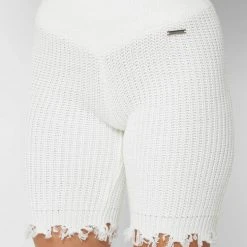 Woman Shorts Distressed Knitted Cycling Shorts - White