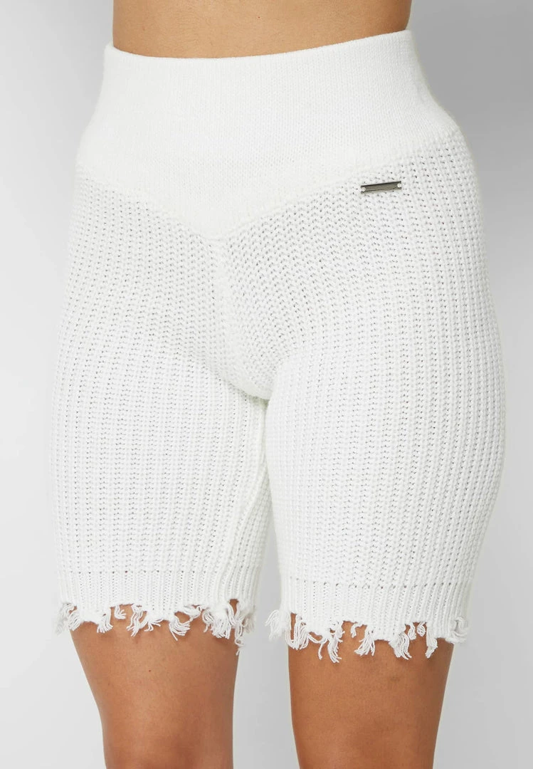 Woman Shorts Distressed Knitted Cycling Shorts - White