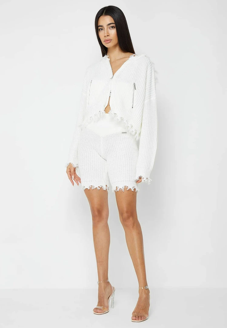 Woman Shorts Distressed Knitted Cycling Shorts - White