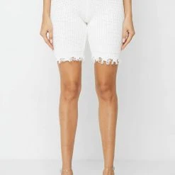 Woman Shorts Distressed Knitted Cycling Shorts - White