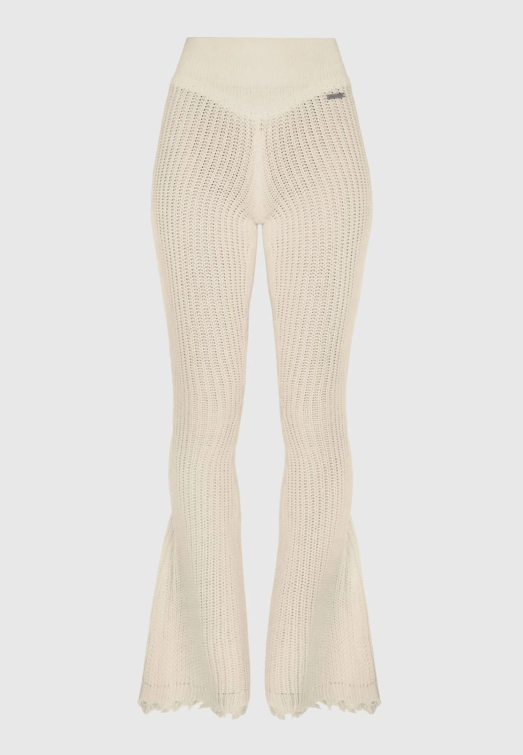 Woman Trousers Distressed Knitted Fit And Flare Trousers - Beige