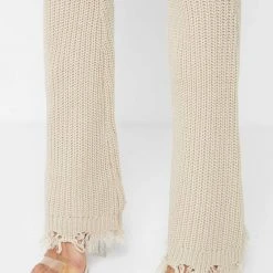 Woman Trousers Distressed Knitted Fit And Flare Trousers - Beige