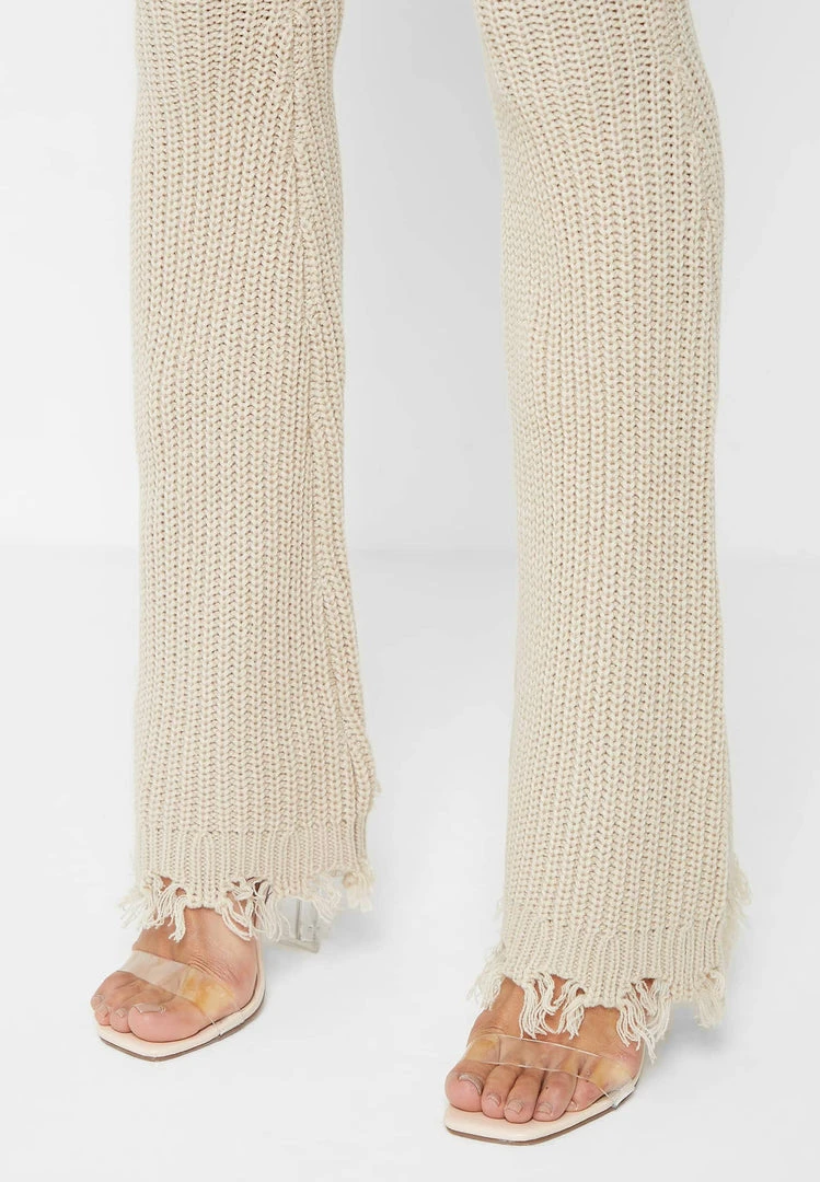 Woman Trousers Distressed Knitted Fit And Flare Trousers - Beige