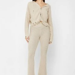 Woman Trousers Distressed Knitted Fit And Flare Trousers - Beige