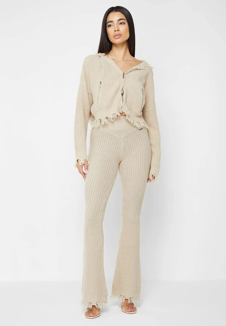 Woman Trousers Distressed Knitted Fit And Flare Trousers - Beige