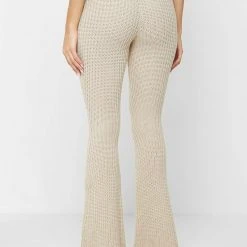 Woman Trousers Distressed Knitted Fit And Flare Trousers - Beige