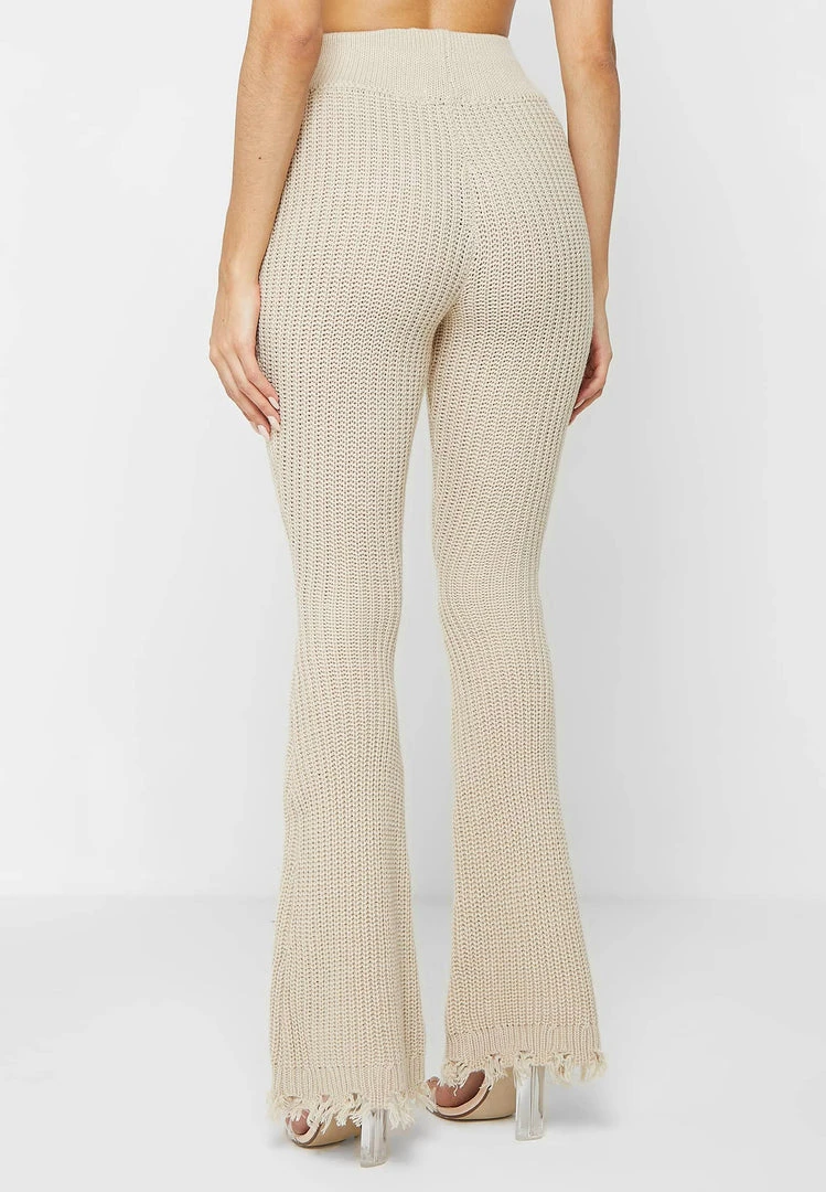 Woman Trousers Distressed Knitted Fit And Flare Trousers - Beige