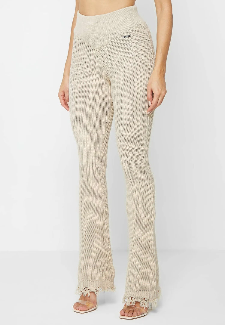 Woman Trousers Distressed Knitted Fit And Flare Trousers - Beige