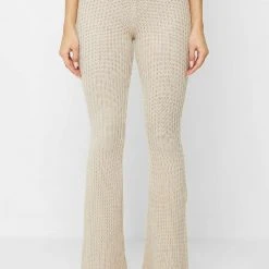 Woman Trousers Distressed Knitted Fit And Flare Trousers - Beige