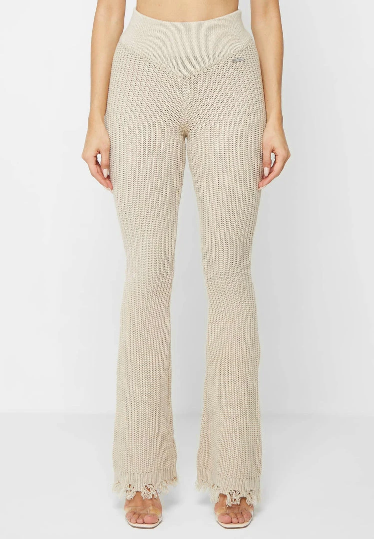 Woman Trousers Distressed Knitted Fit And Flare Trousers - Beige