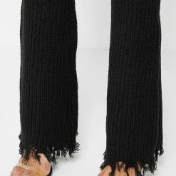 Woman Trousers Distressed Knitted Fit And Flare Trousers - Black