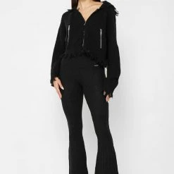 Woman Trousers Distressed Knitted Fit And Flare Trousers - Black