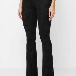 Woman Trousers Distressed Knitted Fit And Flare Trousers - Black