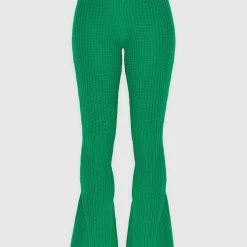 Woman Trousers Distressed Knitted Fit And Flare Trousers - Green