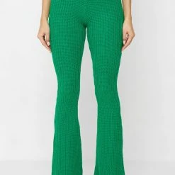 Woman Trousers Distressed Knitted Fit And Flare Trousers - Green