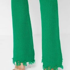 Woman Trousers Distressed Knitted Fit And Flare Trousers - Green