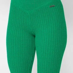 Woman Trousers Distressed Knitted Fit And Flare Trousers - Green