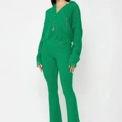Woman Trousers Distressed Knitted Fit And Flare Trousers - Green