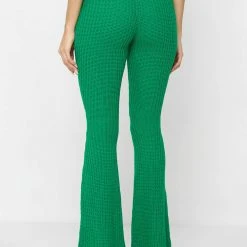 Woman Trousers Distressed Knitted Fit And Flare Trousers - Green